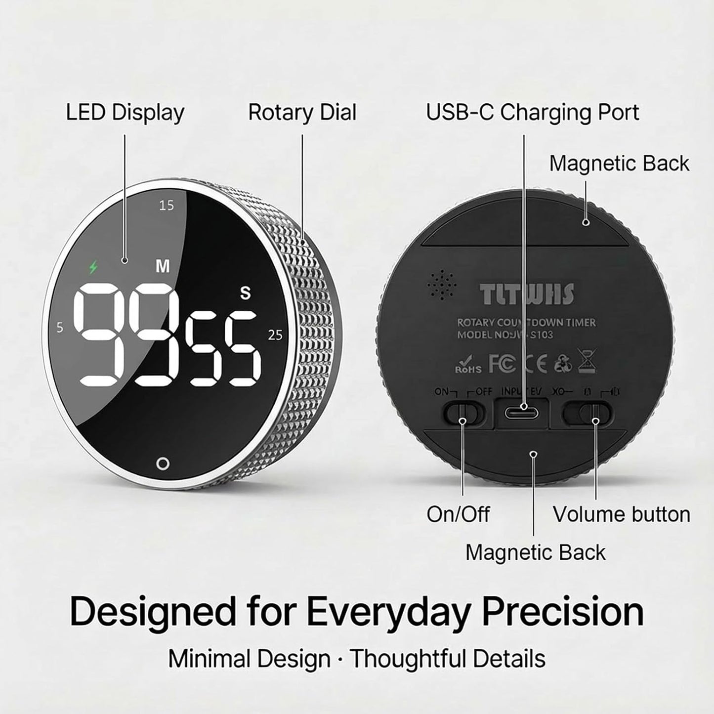 Rechargeable Magnetic Kitchen Timer, LED Countdown/Count-Up Timer, Supports USB-C Charging, with Loud Alarm, 3 Preset Quick Times (5/15/25m), Perfect for Kitchen Cooking, Studying, and Fitness