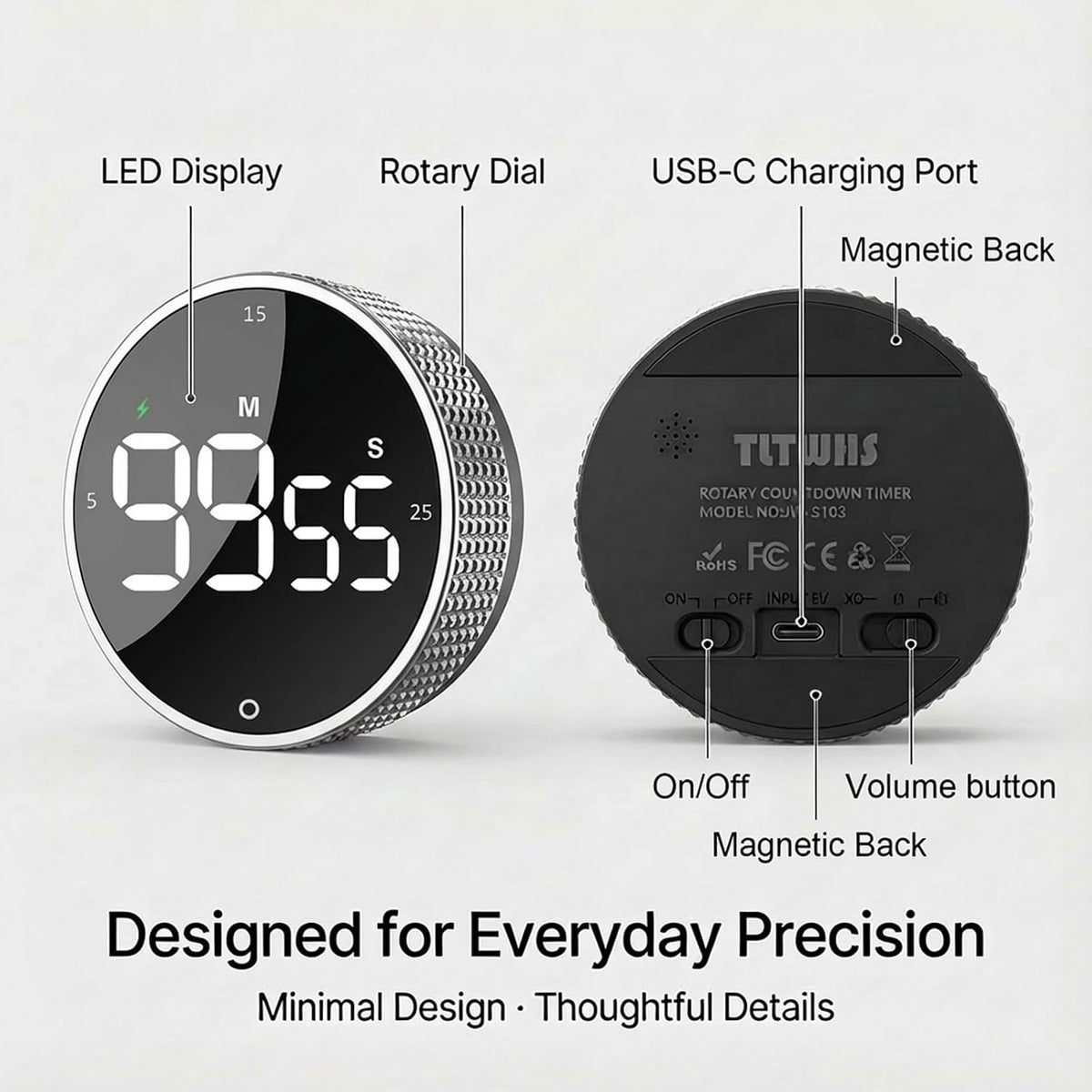 Rechargeable Magnetic Kitchen Timer, LED Countdown/Count-Up Timer, Supports USB-C Charging, with Loud Alarm, 3 Preset Quick Times (5/15/25m), Perfect for Kitchen Cooking, Studying, and Fitness