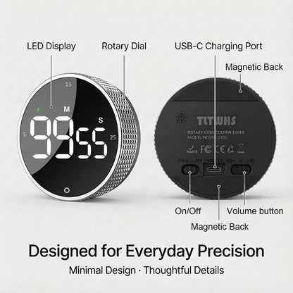 Rechargeable Magnetic Kitchen Timer, LED Countdown/Count-Up Timer, Supports USB-C Charging, with Loud Alarm, 3 Preset Quick Times (5/15/25m), Perfect for Kitchen Cooking, Studying, and Fitness