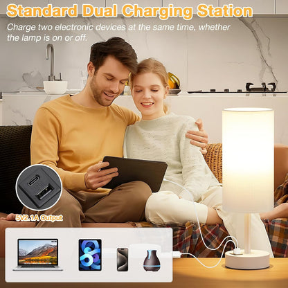Dicoool Touch Bedside Table Lamp with USB - 3 Way Dimmable Wood Lamp for Bedroom Nightstand, Desk Lamp with Charging Station for Dorm, Living Room, Office, Kids Room, Small, 14in