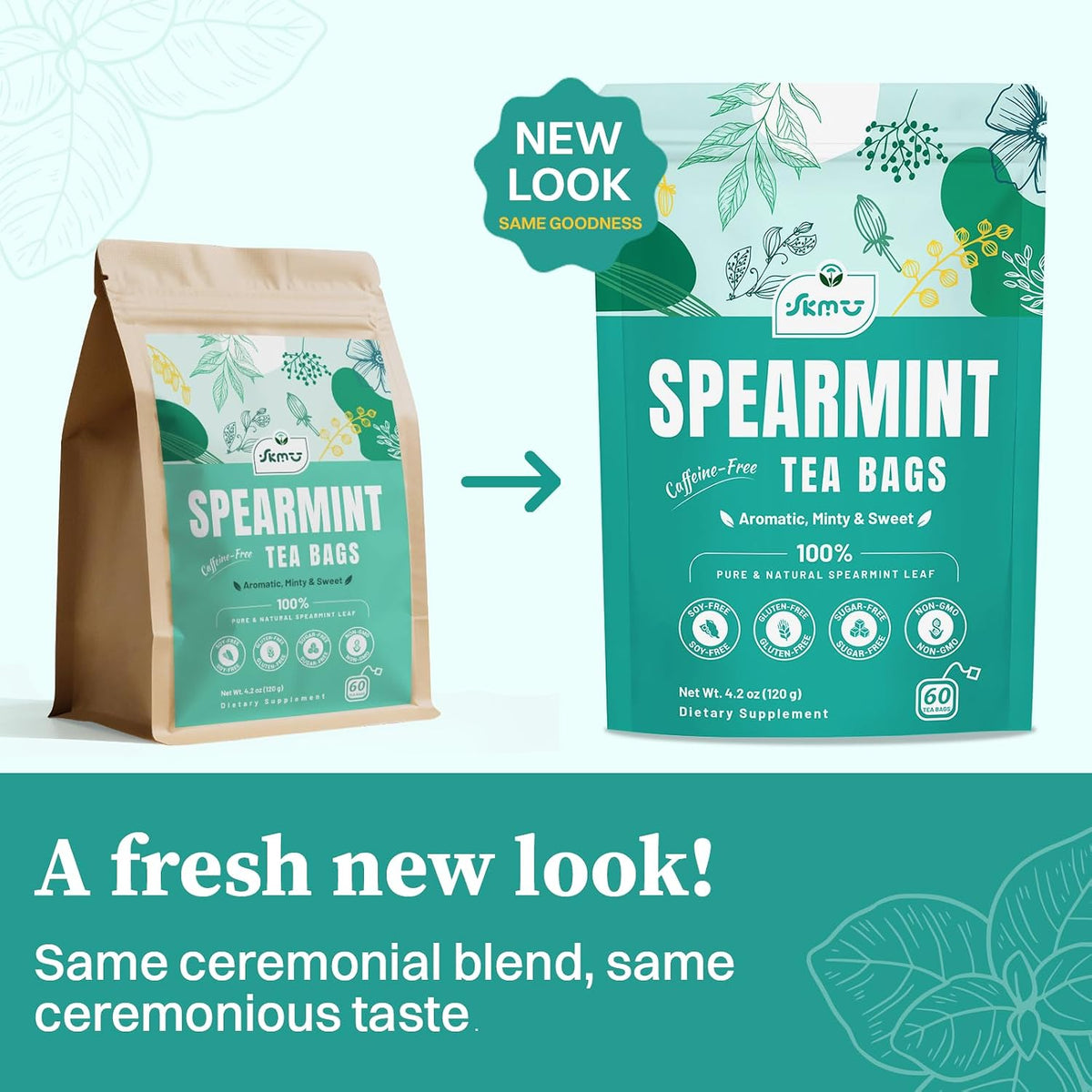SKMTT Spearmint Tea Bags, Refreshing Mint Herbal Tea, Caffeine Free, 60 Ct