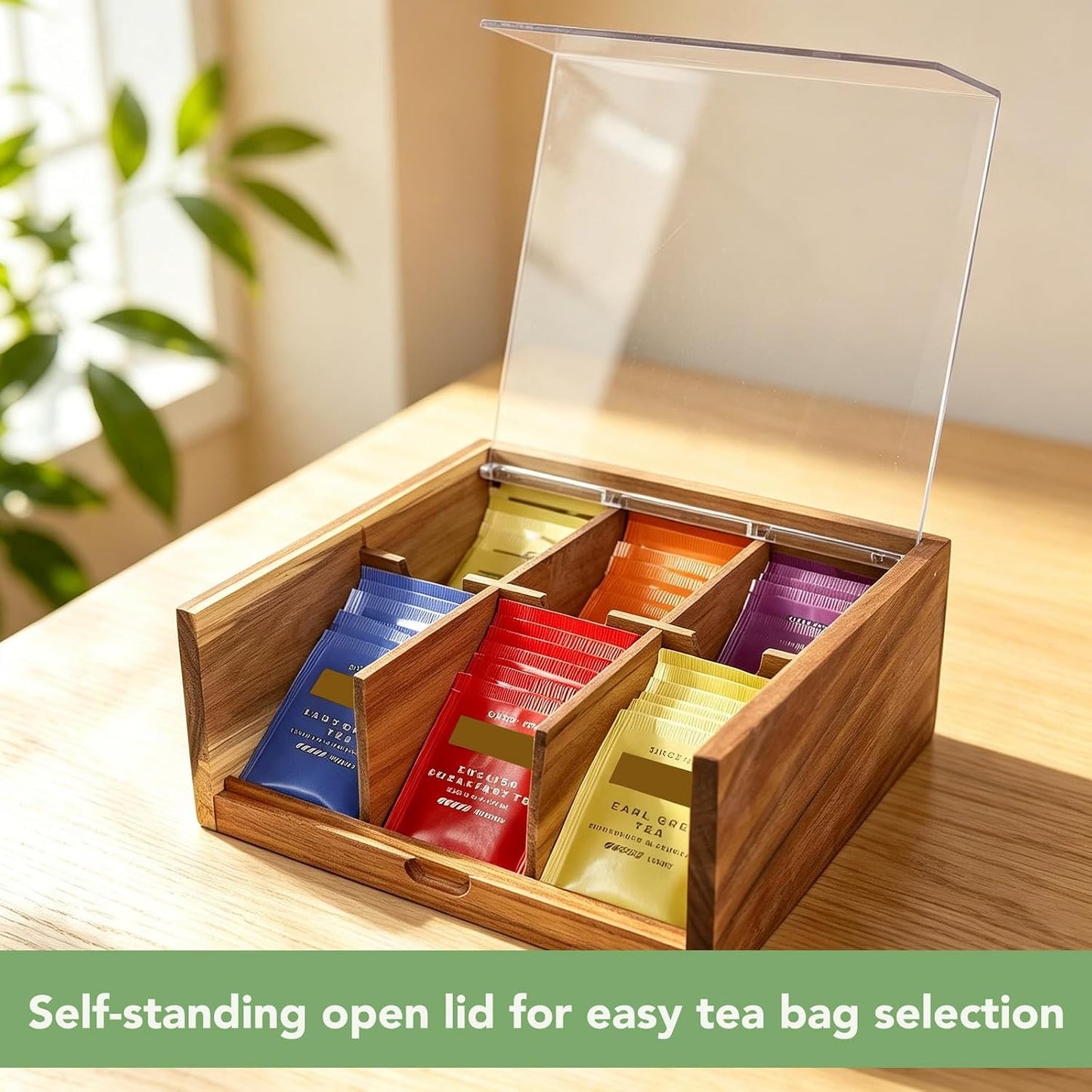 HTB Acacia Wood Tea Bag Organizer Storage Box with 6 Compartments