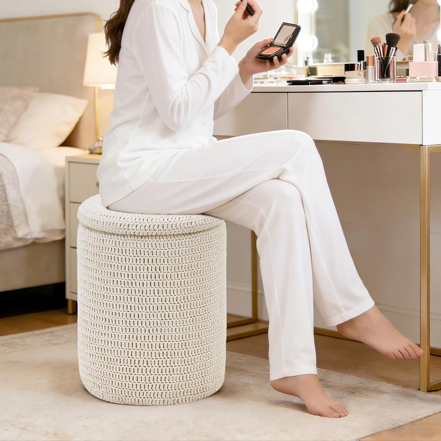 Wimarsbon Pouf Ottoman, 100% Cotton Knitted Boho Footstool, Round Footrest with Non-Skid Wood Legs, Home Décor Handmade Pouffe, Leisure Floor Step Stool for Living Room (Beige)