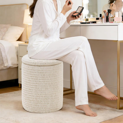 Wimarsbon Pouf Ottoman, 100% Cotton Knitted Boho Footstool, Round Footrest with Non-Skid Wood Legs, Home Décor Handmade Pouffe, Leisure Floor Step Stool for Living Room (Beige)