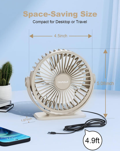 TriPole Desk Fan USB Powered Small Portable Fan, 3 Speeds Adjustable Strong Breeze Mini Personal Fans, 360° Rotation Quiet Plug In USB Fans for Desktop Bedroom Office Table Travel, Black, 4.9ft Cable