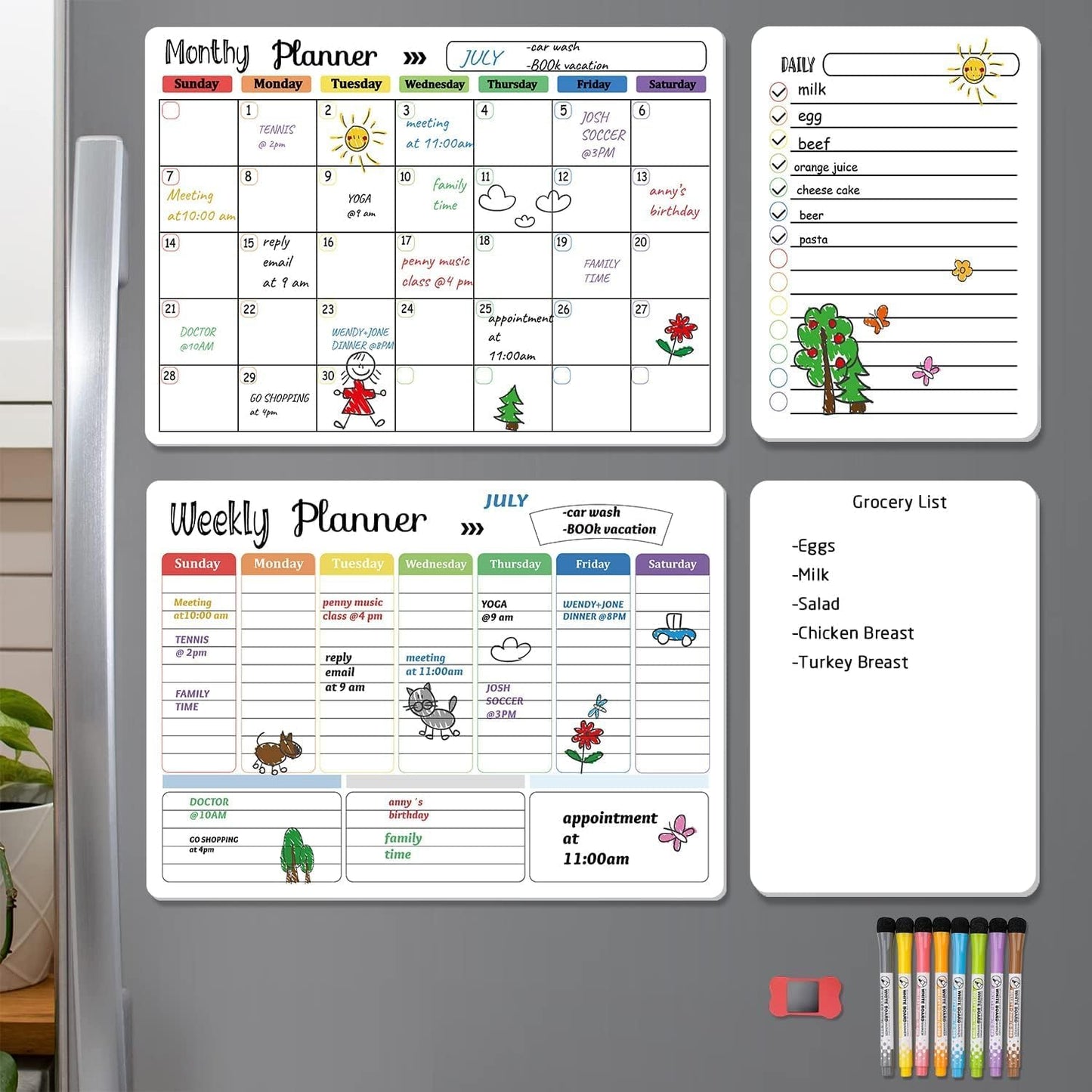 Hivillexun Magnetic Black Dry Erase Calendar White Board Set (3-Pack) - Monthly, Weekly Planners & Daily Notepad for Fridge, Home & Office, Includes 8 Markers