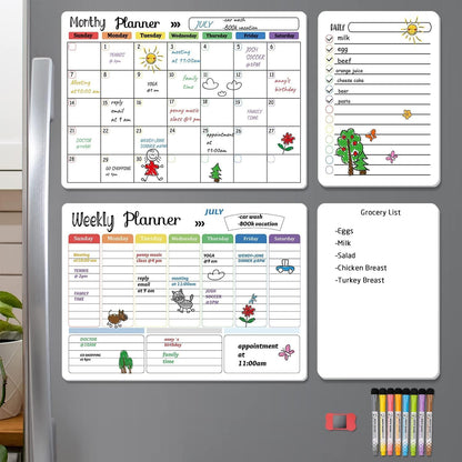 Hivillexun Magnetic Black Dry Erase Calendar White Board Set (3-Pack) - Monthly, Weekly Planners & Daily Notepad for Fridge, Home & Office, Includes 8 Markers