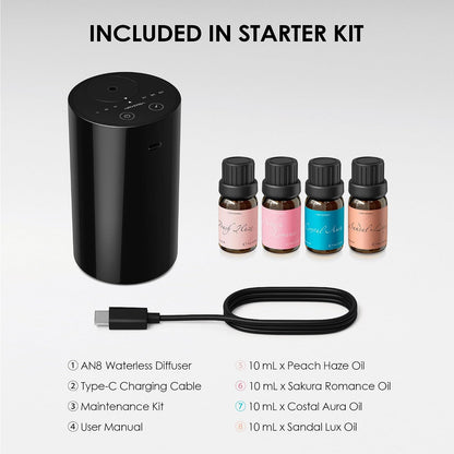 Airversa Waterless Essential Oil Diffuser Starter Kit with 4 x 10mL Hotel Scent Fragrance Oil, Battery Operated Mini Scent Air Machine Portable Diffuser for Home Car Office, AN8 Kit Black