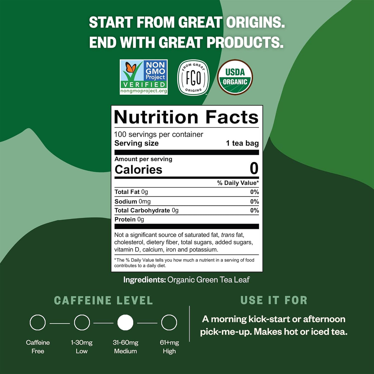 FGO Organic Green Tea, 100 Count Eco-Conscious Tea Bags, Caffeinated, Resealable Pouch, Packaging May Vary (Pack of 1)