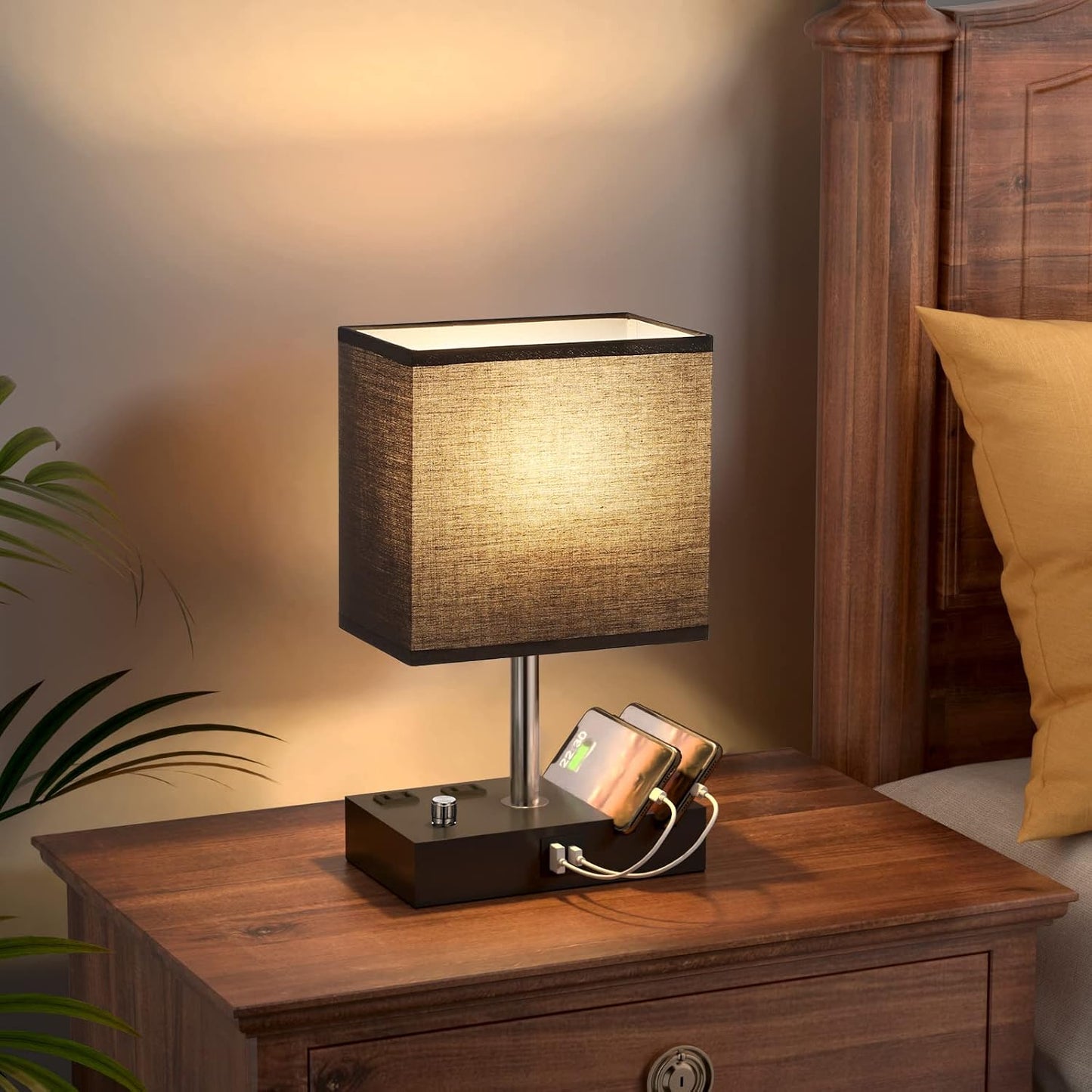 Kakanuo Fully Dimmable Nightstand Lamp for Bedroom with USB C Ports, Grey Small Bedside Table Lamp with Charging Outlets and Phone Stands, Wooden Desk Lamp for Living Room, LED Bulb Included