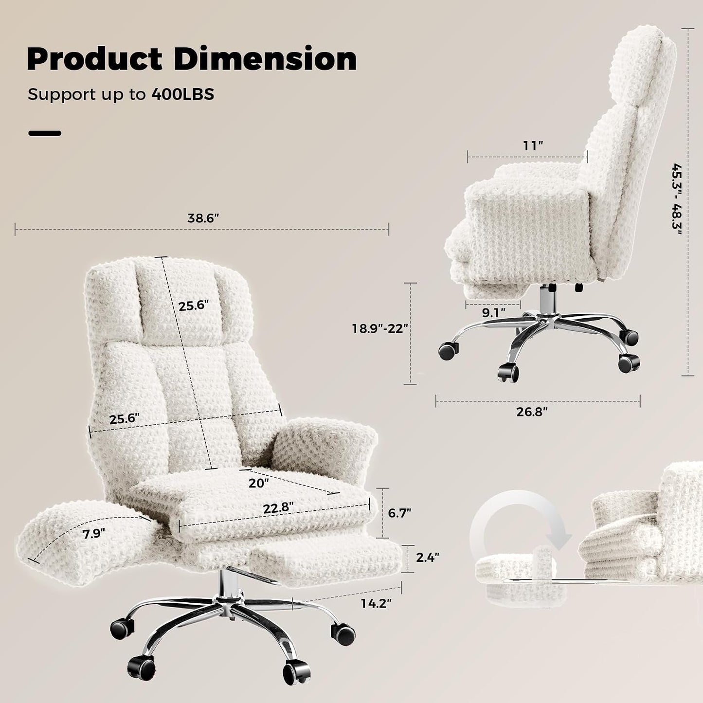 Big and Tall Office Chair, Flip Armrests for Pets & Cross Legged Sitting, Executive Ergonomic Computer Gaming Chair with Foot Rest, Teddy Fleece Wide Seat Reclining Desk Chair, White Vanity Chair