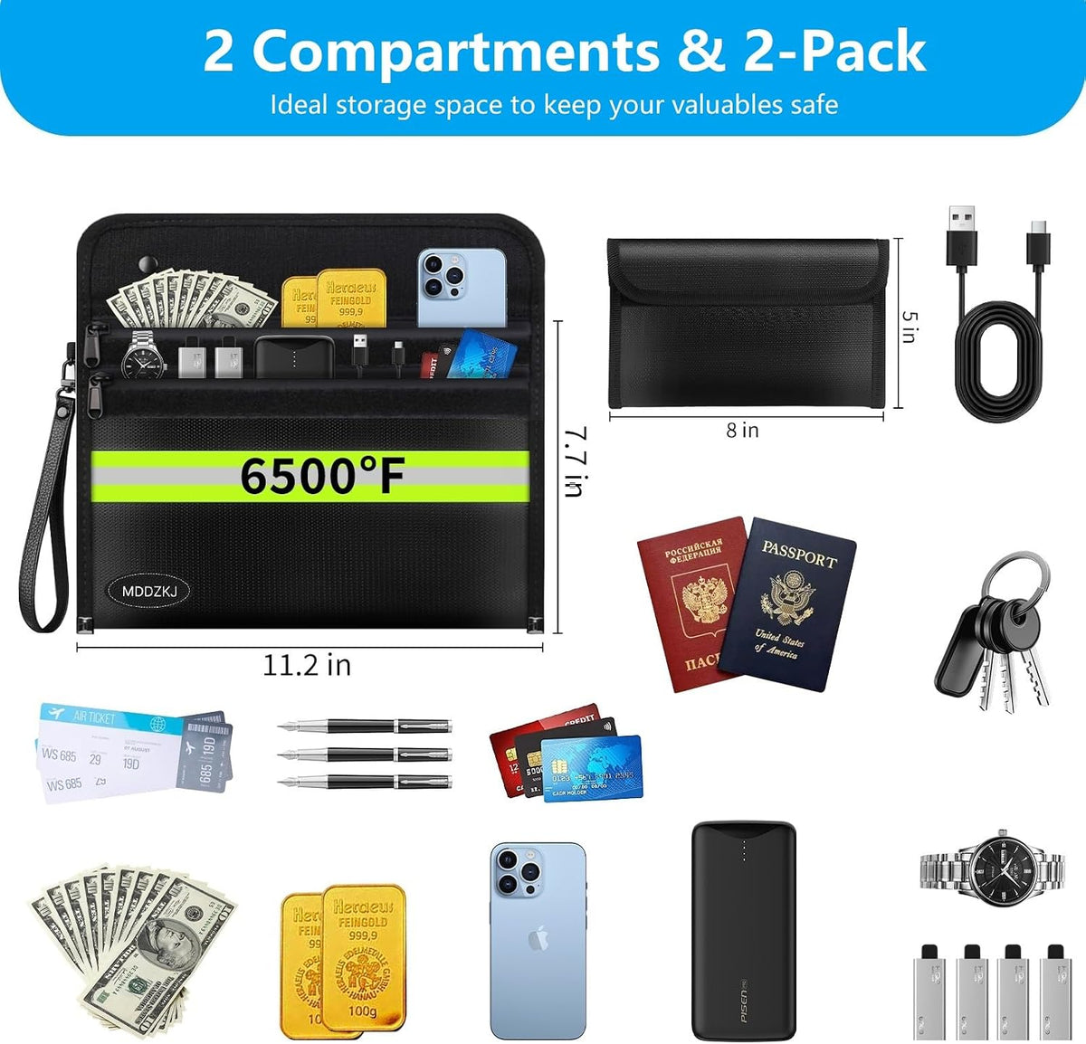 6500℉ Upgraded Fireproof Cash Bag (11.2x7.7 inch) with 2 Pockets,Small Fireproof Safe with 2 Zipper,Storage Cash,Legal Documents Safe,10 Layers of Heat Insulated Materials(2 Pack)