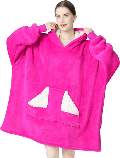Touchat Wearable Blanket Hoodie, Oversized Sherpa Blanket Sweatshirt with Hood Pocket and Sleeves, Super Soft Warm Plush Hooded Blanket for Adult Women Men, One Size Fits All (Pink)