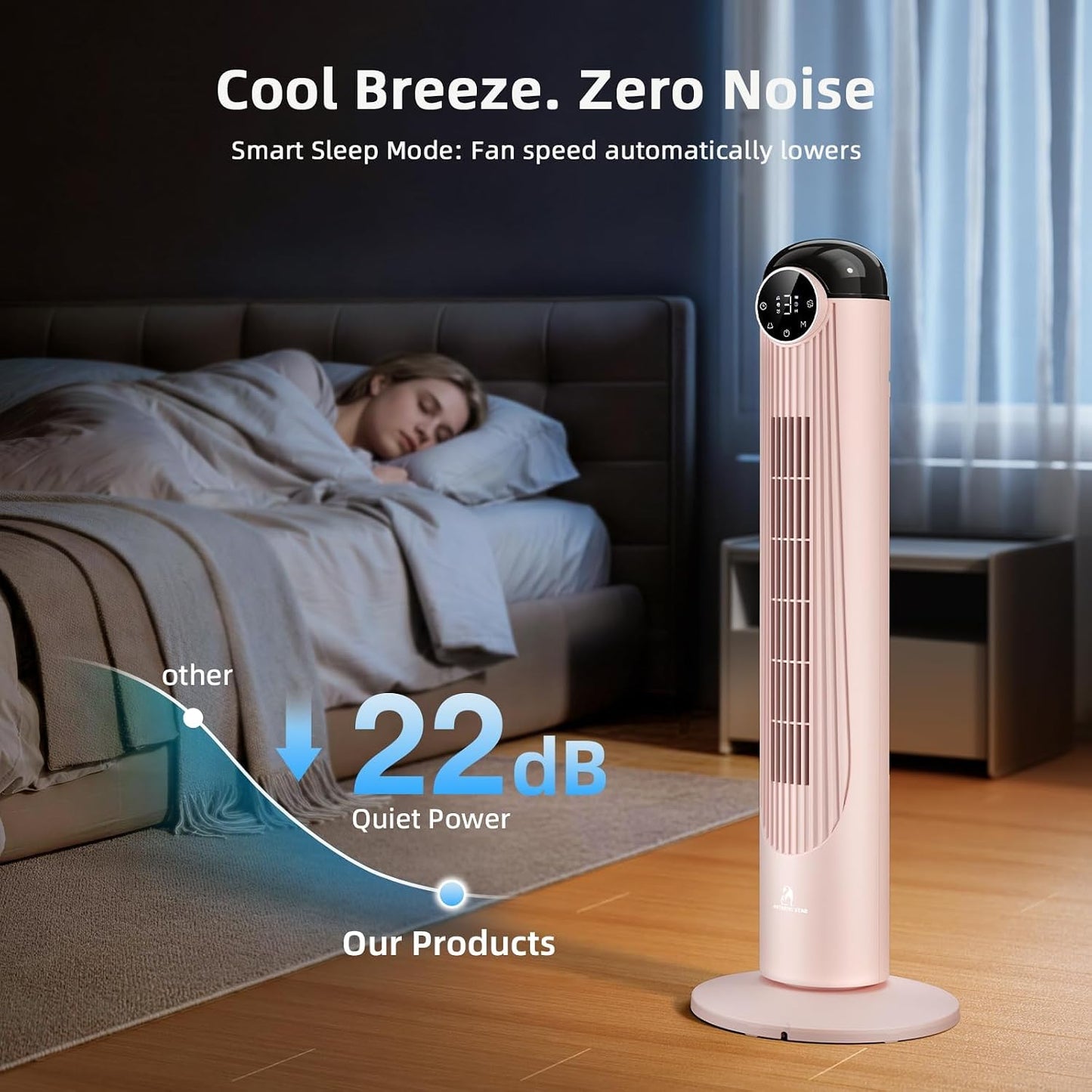Antarctic Star T36 Tower Fan-36 Inch, Bladeless Oscillating Fan with Remote, 6 Speeds & 4 Modes, LED Display, 9H Timer, Quiet Floor Standing Fan for Bedroom Living Room Office, Pink