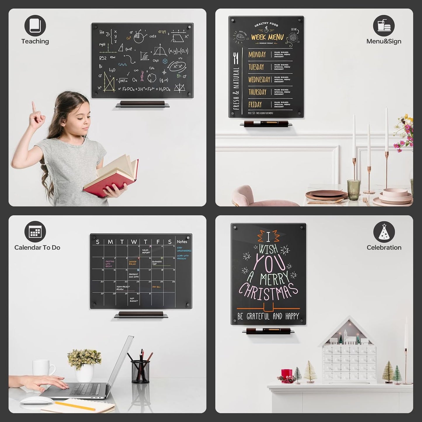Black Glass Golden Monthly Dry Erase Calendar Whiteboard for Wall, 17" x 23", Frameless Large Planner White Board for Home Kitchen Office, 4 Wet Erase Markers Included, Yeoux