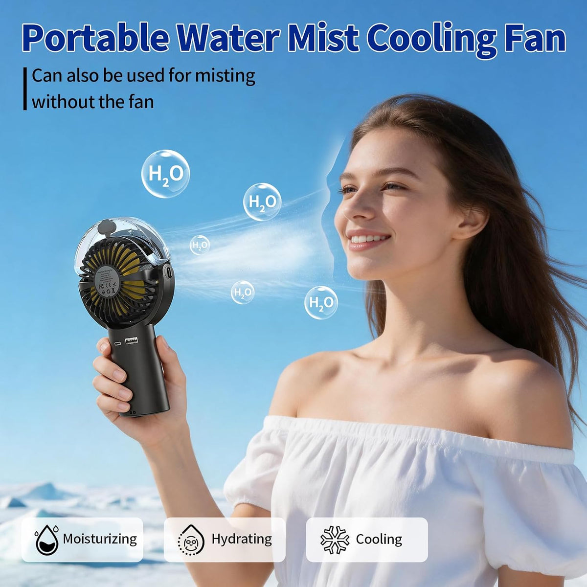 BQSS Handheld Misting Fan Portable for Travel Home Office Outdoor, White