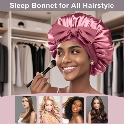 2Pcs Silk Hair Satin Bonnet for Sleeping Women,Large Satin Sleep Bonnets for Women with Elastic Tie Band Silk Hair Wrap with Ajustable Straps,Night Sleep Cap for Curly Braids,Black+Rose Gold