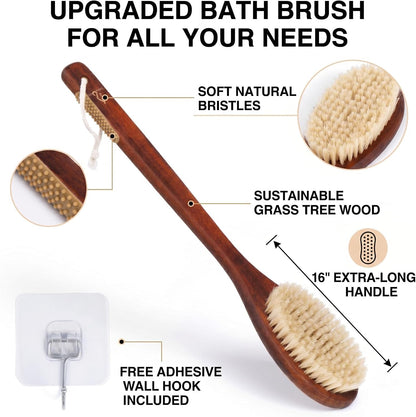 Wooden Bath Brush with Stiff Sisal Bristles Long Handle for Shower Back Scrubber Body Exfoliator, with Hook for Hanging (Stiff Sisal Hair)