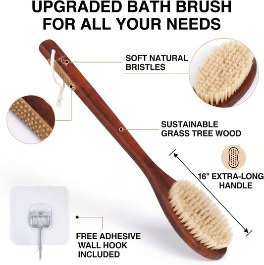 Wooden Bath Brush with Stiff Sisal Bristles Long Handle for Shower Back Scrubber Body Exfoliator, with Hook for Hanging (Stiff Sisal Hair)