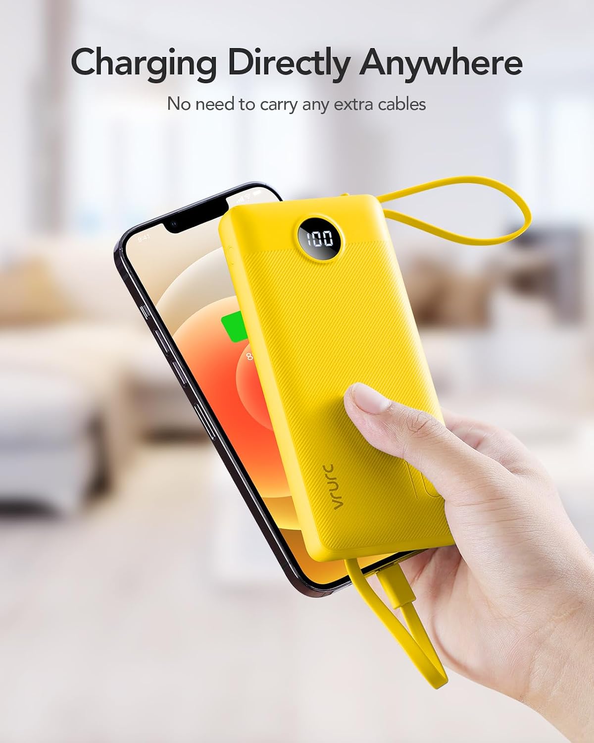 VRURC Portable Charger, Slim Power Bank Built-in 4 Cables, Travel Essential