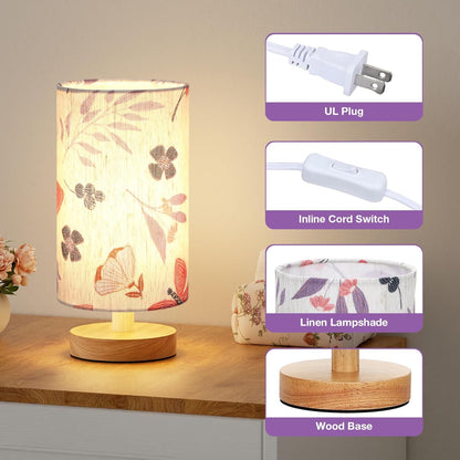 Fenmzee Small Table Lamp for Bedroom - Inline Control, Bedside Lamp with 3000K A15 LED Blub, Easy Assembly (Cream Shade - Wood Base, 9" Inline Control)