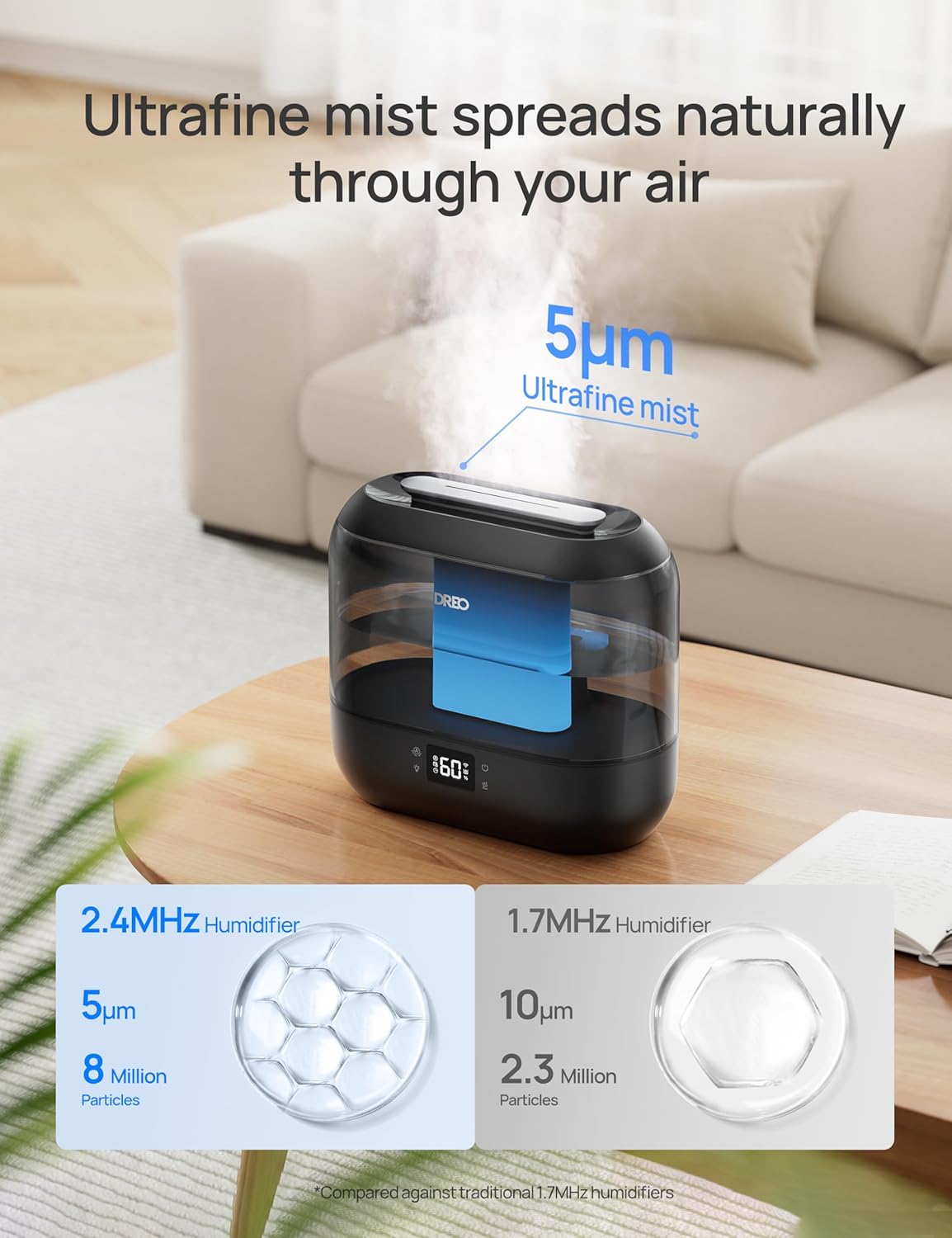 DREO 4L Smart Cool Mist Humidifiers for Bedroom HM311S Black | Top Fill, Quiet Sleep 28 dB, 36H Runtime for large room, Touch/APP/Voice Control, Nightlight, ideal for Baby, Plants, Nursery
