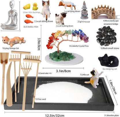 Dreamgirnh Zen Garden for Desk, with Crystals and Healing Stones & Cat Figurines, Miniature Meditation Sand Garden Stress Relief Desk Decor, Tools for Relaxation and Mindfulness