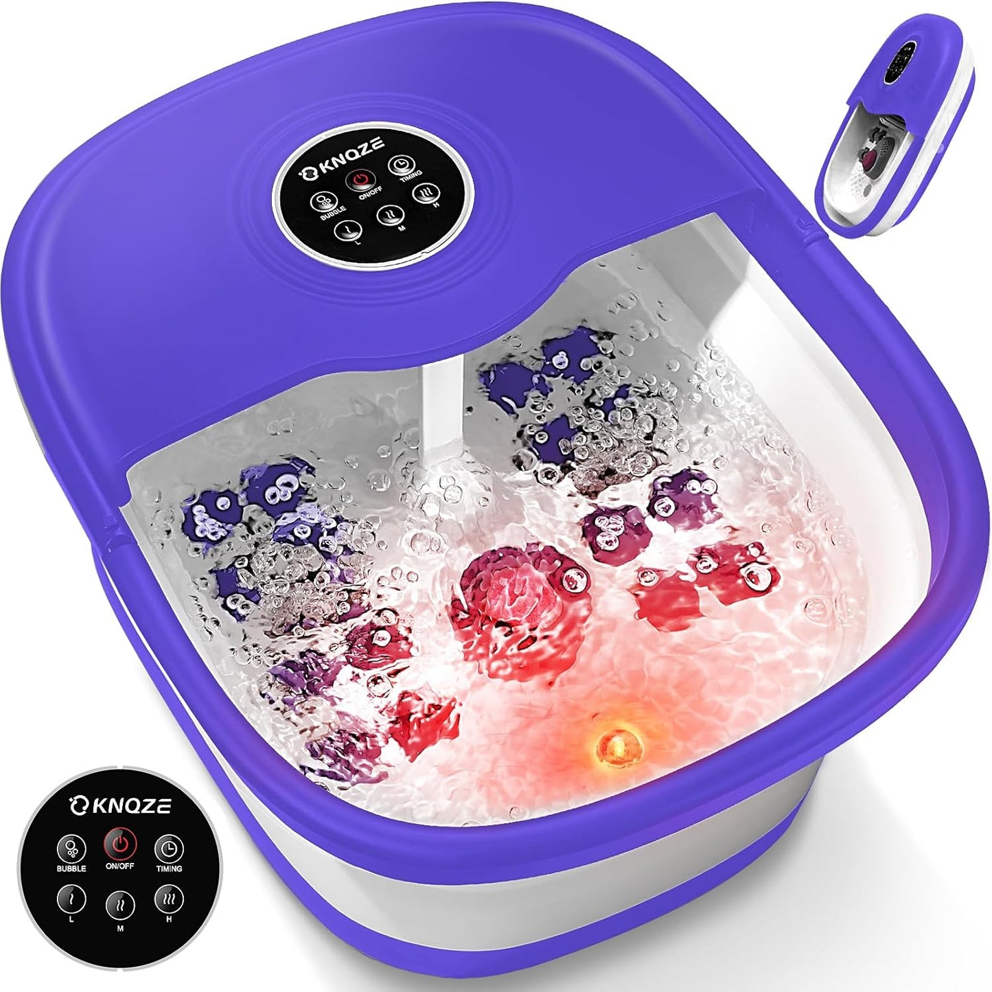KNQZE Collapsible Foot Spa Bath with Heat & Remote Control, Bubble Massage, Temperature Control, Red Light, Timer, 16 Rollers & Pumice Stone for a Soothing Spa Experience