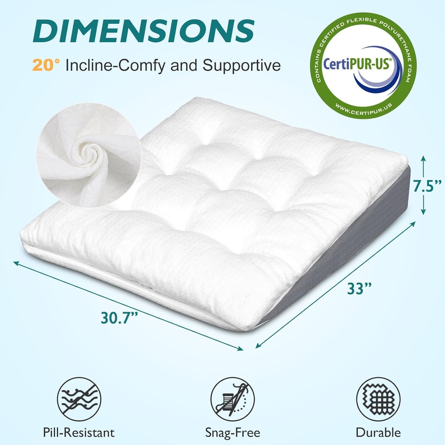 Bed Wedge Pillow for Sleep Apnea 7.5Inch Gerd Pillow Patent Dual Layer Triangle Pillow Adjustable Shredded Memory Foam Topper Soft Support Ideal for Acid Reflux, After Surgery, Snoring
