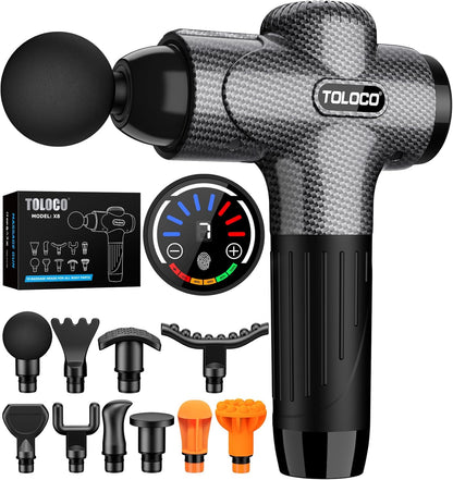 TOLOCO Massage Gun, Back Massager 10 Replacement Head for Pain Relief Deep Tissue, Percussion Massage Guns 7 Speed Level Super Quiet Electric Massager Fathers Day Dad Gifts, Carbon