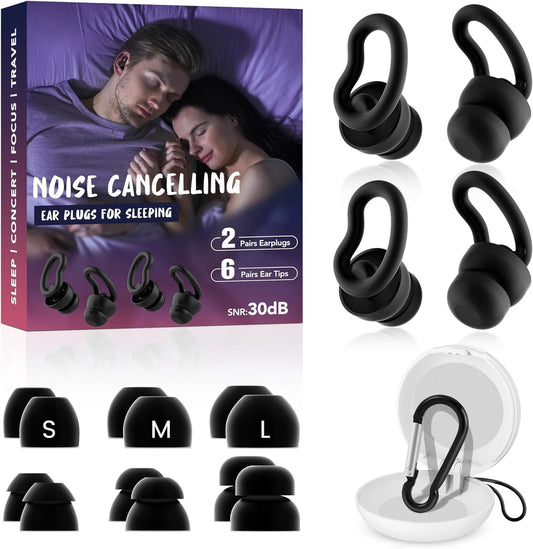 Ear Plugs for Sleeping, 2 Pairs Reusable Ear Plugs for Side Sleepers, 6 Sizes Silicone Ear Tips (Single & Dual Layer) 30dB Noise Reduction for Snoring, Travel & Focus