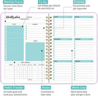 Taja Undated Weekly Planner, Weekly To Do List Notebook with Goal & Habit Tracker Organizer, A5 Weekly Planner Notebook with Spiral Binding, 6.1" x 8.2" - Green