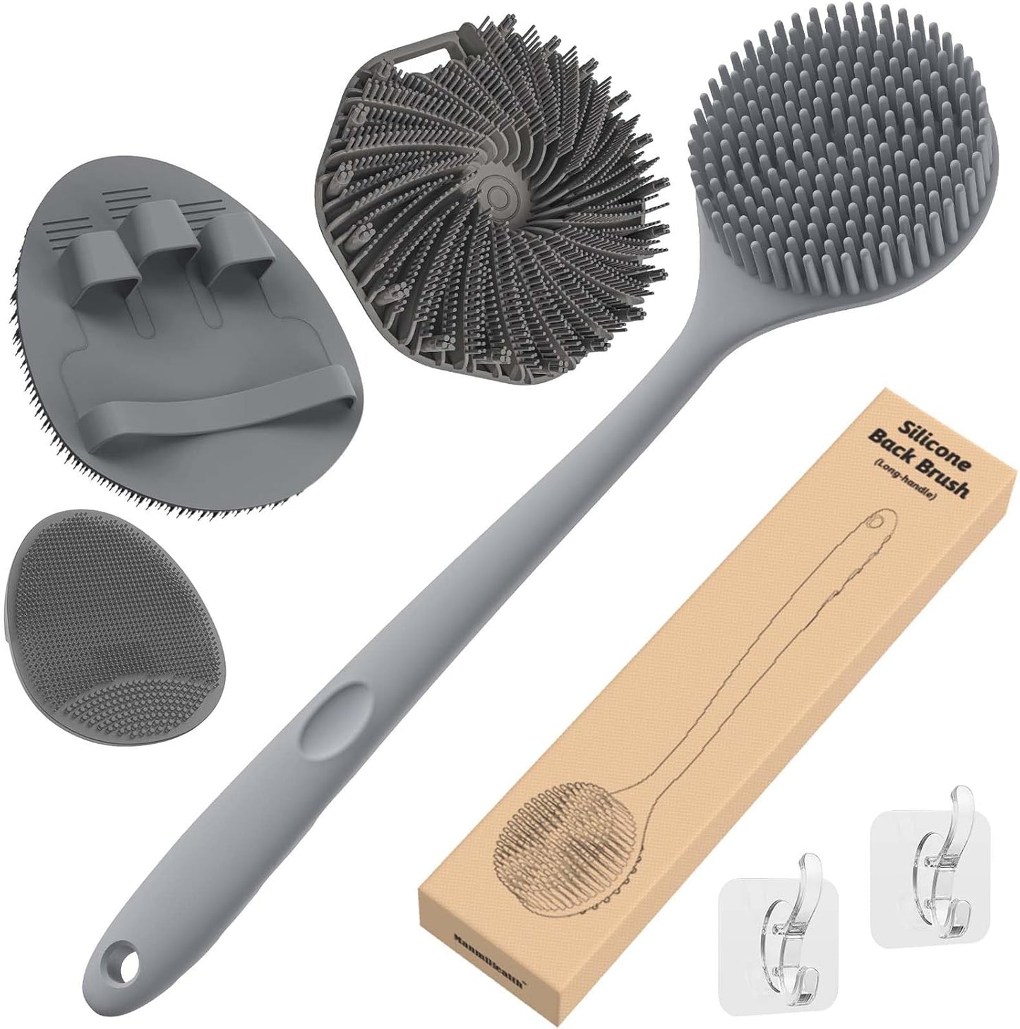 Manmihealth Silicone Back Scrubber & Soft Bath Glove Set 4 PCS(Thick Bristles), Super-Exfoliating Body Scrubber & Super-Lathering Shower Brush Combination, with 2 Adhesive Hooks (Black)