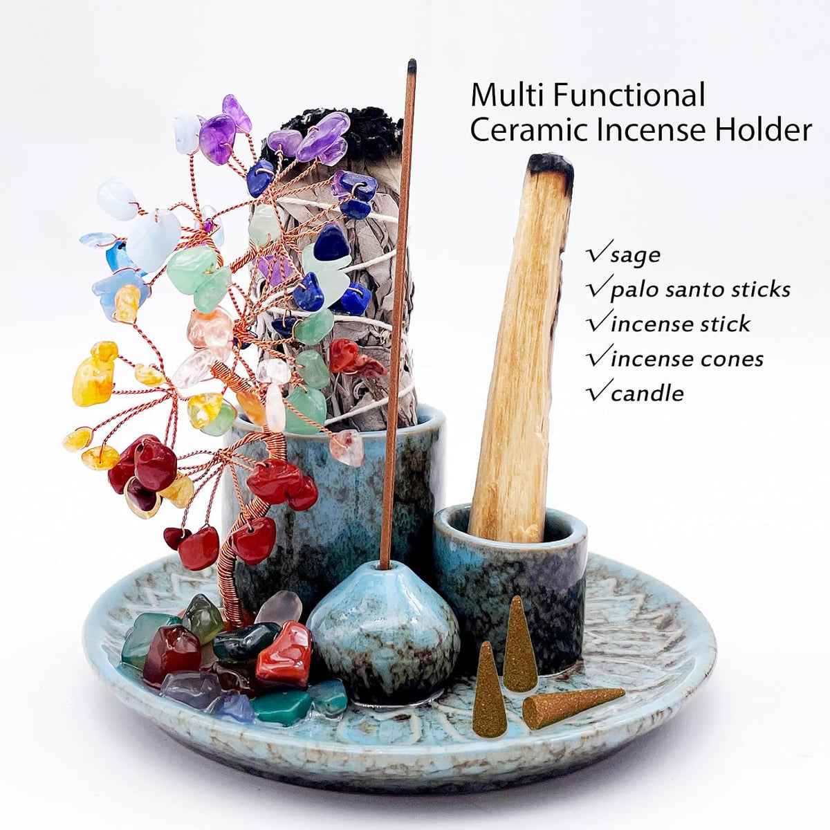 5 in 1 Incense Burner Holder with Crystal Healing Tree, Palo Santo Holder, Sage Holder, Incense Holder for Sticks/Cones/Candles, Ceramic Tray Ash Catcher for Burning Incense, Meditation Gift