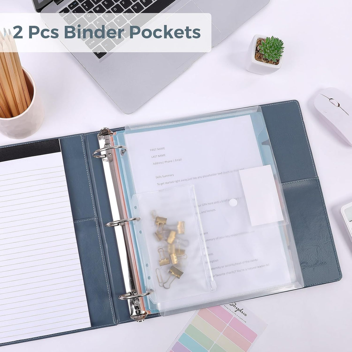 SKYDUE 3 Ring Binder with Clipboard, 13.2" × 10.2" Faux Leather 1 Inch Binder Organizer with 5 Pocket Dividers, Notepad, Labels & 2 Storage Pockets for Teachers, Students, Nurses & Office Work