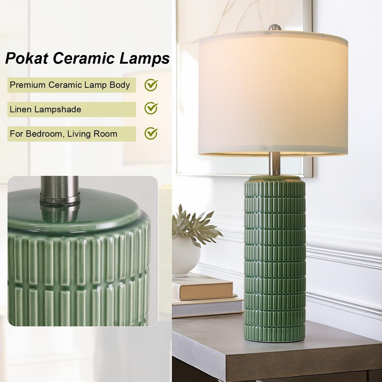 PoKat 23" Modern Ceramic Table Lamp Set of 2 for Living Room White Desk Lamps for Bedroom Farmhouse Bedside Nightstand Lamp House Warming Gifts New Home Decor End Table Lamps Gifts for Women Mom Beige