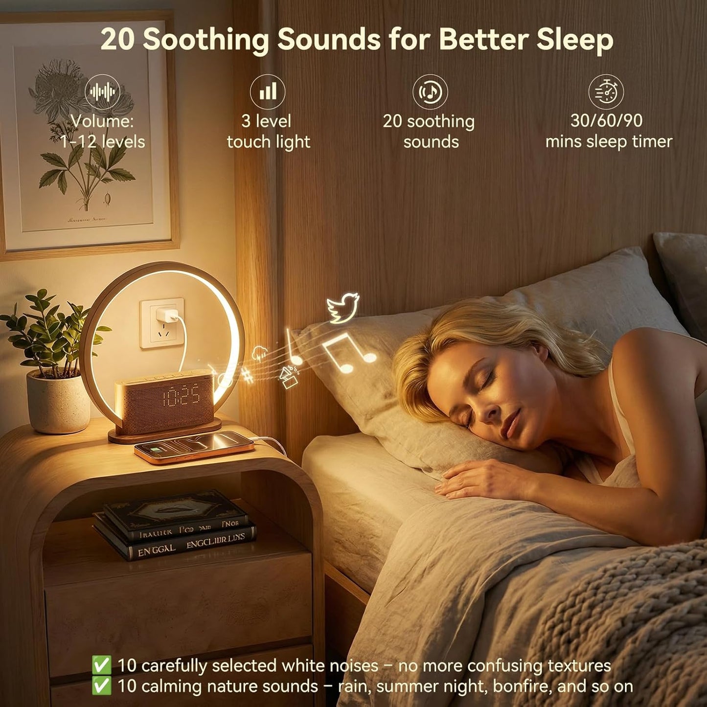 Alarm Clock with Sunrise & Sleep Sound Machine – Natural Wake-Up Light, Dual Alarms & Snooze, 20 Soothing Sounds, Dimmable Clock & Night Light, for Heavy Sleepers & Adults, Deep Wood Grain