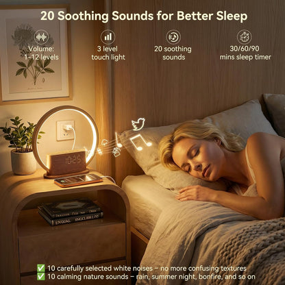 Alarm Clock with Sunrise & Sleep Sound Machine – Natural Wake-Up Light, Dual Alarms & Snooze, 20 Soothing Sounds, Dimmable Clock & Night Light, for Heavy Sleepers & Adults, Deep Wood Grain