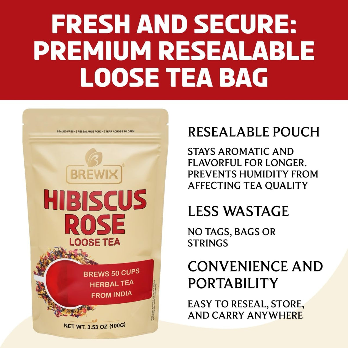 BREWIX, Hibiscus Rose Herbal Loose Tea (50+ Cups) | 100% Natural, Handmade, Pure from Hibiscus Flowers | Hibiscus with Rose Petals, Chamomile and Exotic Spices | Supports Everyday Wellness, Digestion and Cardiovascular System | Rich in Antioxidants &