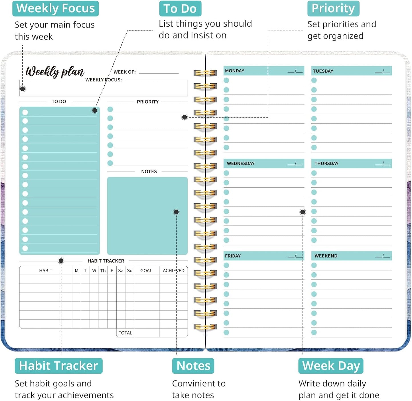 Taja Undated Weekly Planner, Weekly To Do List Notebook with Goal & Habit Tracker Organizer, A5 Weekly Planner Notebook with Spiral Binding, 6.1" x 8.2" - Green
