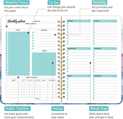 Taja Undated Weekly Planner, Weekly To Do List Notebook with Goal & Habit Tracker Organizer, A5 Weekly Planner Notebook with Spiral Binding, 6.1" x 8.2" - Green