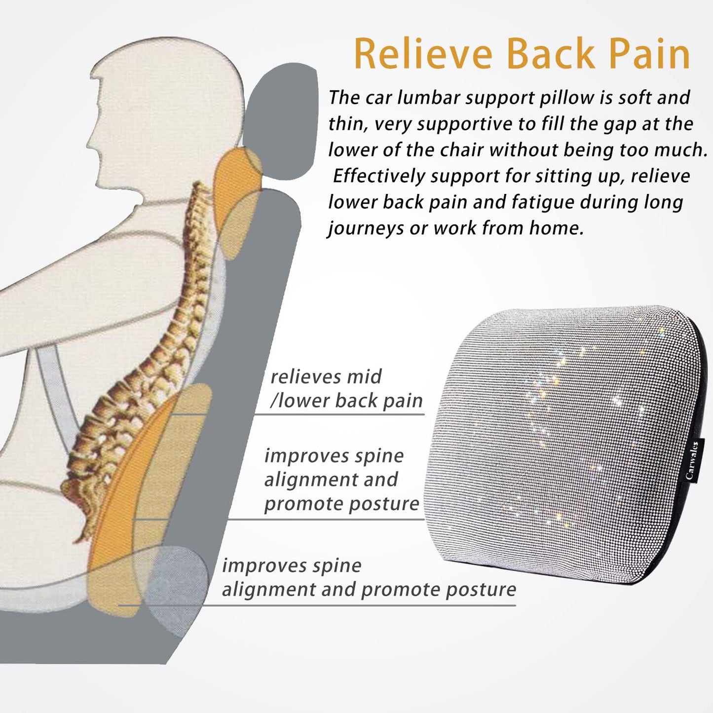 Carwales Emulsion Lumbar Support Pillow for Car Driving Seat Relax Soft Lower Back Support Home Office Chair Cushion Desk Accessories Waist Pain Relief Black