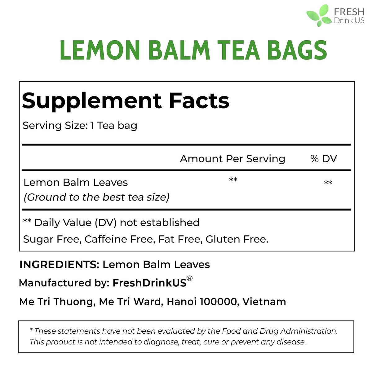 FreshDrinkUS, Lemon Balm Tea Bags | 40 Count |100% Pure Melissa officinalis – Naturally Herbal Tea | Caffeine-Free, Premium Quality, Refreshing Flavor, Sustainably Sourced