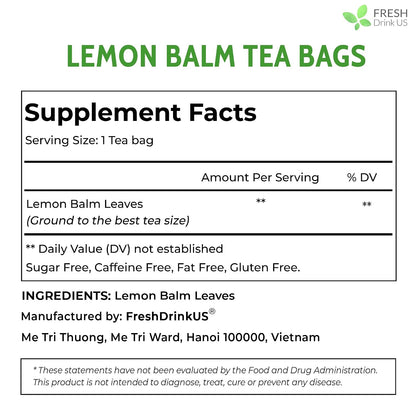 FreshDrinkUS, Lemon Balm Tea Bags | 40 Count |100% Pure Melissa officinalis – Naturally Herbal Tea | Caffeine-Free, Premium Quality, Refreshing Flavor, Sustainably Sourced