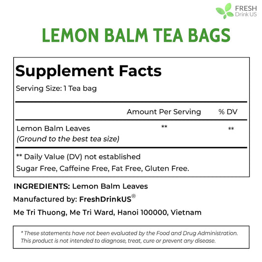 FreshDrinkUS, Lemon Balm Tea Bags | 40 Count |100% Pure Melissa officinalis – Naturally Herbal Tea | Caffeine-Free, Premium Quality, Refreshing Flavor, Sustainably Sourced
