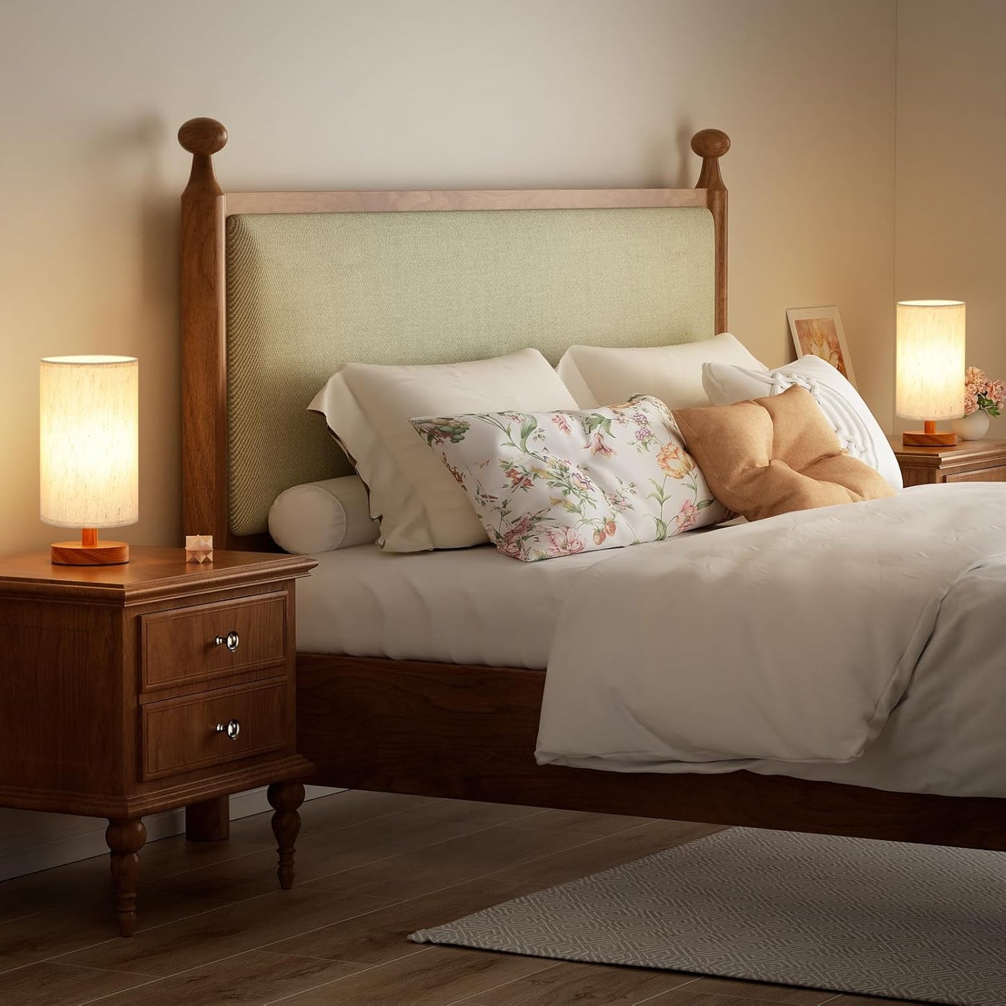 Fenmzee Small Table Lamp for Bedroom - Inline Control, Bedside Lamp with 3000K A15 LED Blub, Easy Assembly (Cream Shade - Wood Base, 9" Inline Control)