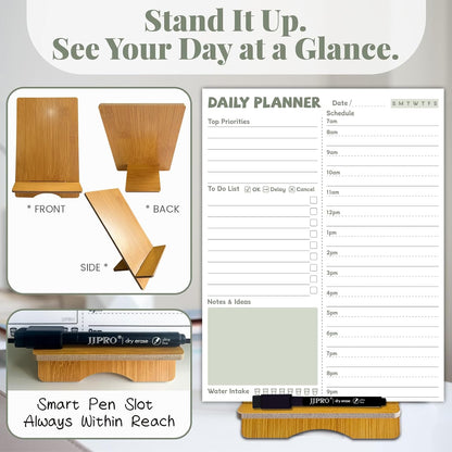 JJPRO Reusable Desktop Daily Planner with Stand,Reusable Time Schedule Board,11"x8.5" Hourly Schedule Dry Erase Board with Time Slots,Desk Hourly Dry Erase Board w/Engineered Wood Stand-Sage Green