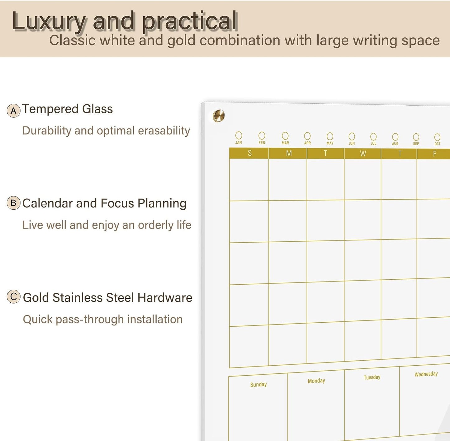 Black Glass 3-1 Monthly Dry Erase Calendar Whiteboard for Wall,24"x 36",Frameless Mounting,Office/School/Home, Frameless Large Planner White Board
