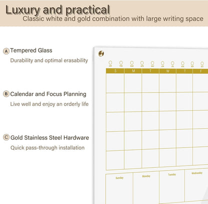 Black Glass 3-1 Monthly Dry Erase Calendar Whiteboard for Wall,24"x 36",Frameless Mounting,Office/School/Home, Frameless Large Planner White Board