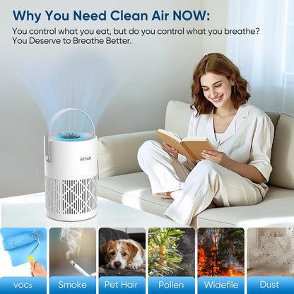 Air Purifier for Bedroom Home, Covers Up to 880 Ft², True HEPA Quiet 3-in-1 Air Purifiers Filter, 20dB Sleep Mode, Air Cleaner, 360° Intake, Remove Dust, Smoke, Pet Dander & Odors, White